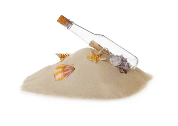 Corked Glass Bottle Rolled Paper Note Seashells Sand White Background — Stock Photo, Image