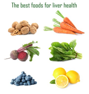 Karaciğer sağlığı için en iyi gıdaların listesi. Beyaz arka planda farklı lezzetli ürünlere sahip kolaj