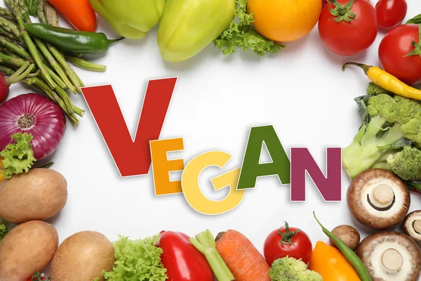 Word Vegan Fresh Vegetables White Background Flat Lay — Photo