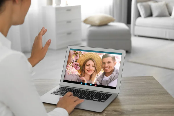 Woman Having Online Meeting Family Members Videocall Application Home Closeup — стоковое фото