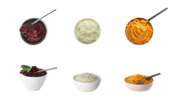 Set Different Tasty Vegetable Puree White Background — Foto Stock