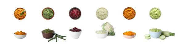 Set Different Tasty Vegetable Puree White Background Banner Design — Stockfoto