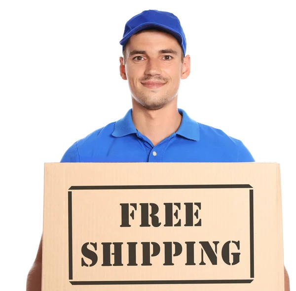 Happy Young Courier Cardboard Box White Background Free Shipping — Foto de Stock