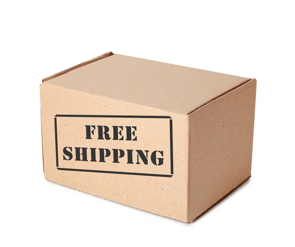 One Closed Cardboard Box Isolated White Free Shipping — Fotografia de Stock