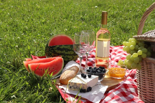 Picknickdeken Met Heerlijk Eten Wijn Buiten Zomerdag — Stockfoto