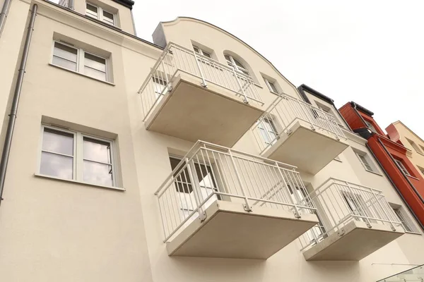 Exterior Beautiful Building Empty Balconies Low Angle View — Foto de Stock