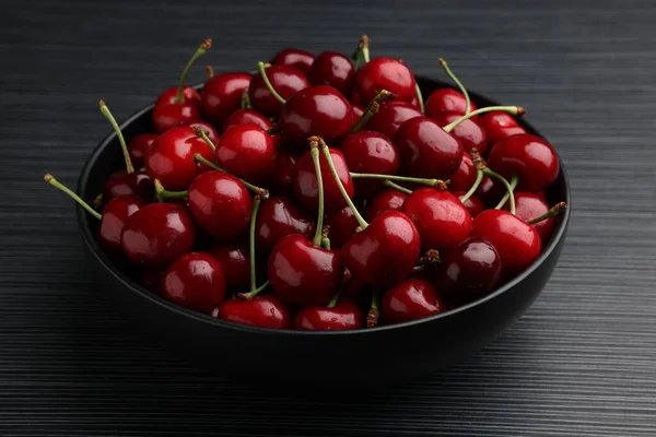 Bowl Ripe Sweet Cherries Dark Wooden Table Closeup — Zdjęcie stockowe