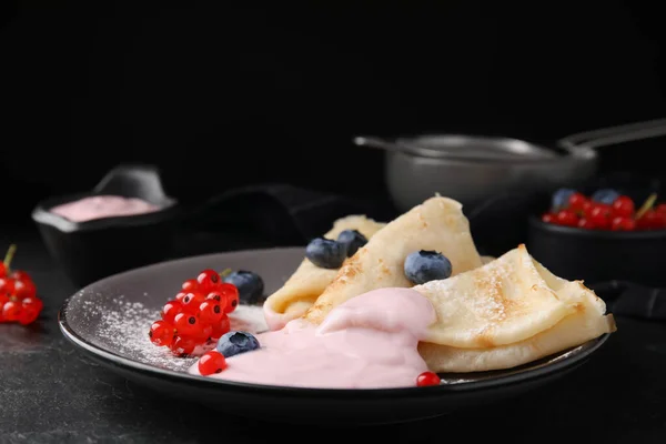 Delicious Crepes Natural Yogurt Blueberries Red Currants Dark Grey Table —  Fotos de Stock