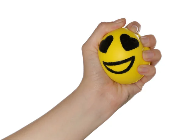 Frau Quetscht Antistress Ball Mit Lustigem Gesicht Auf Weißem Hintergrund — Stockfoto