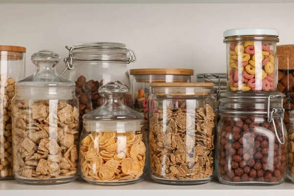 Glass Containers Different Breakfast Cereals Shelf — Foto de Stock