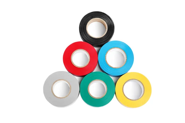 Colorful Insulating Tapes White Background Top View — Stockfoto