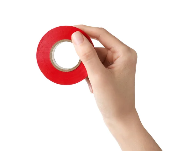 Woman Holding Red Insulating Tape White Background Closeup — Fotografia de Stock