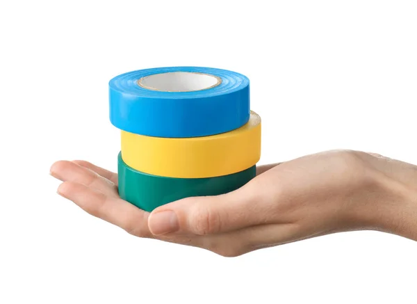 Woman Holding Colorful Insulating Tapes White Background Closeup — 스톡 사진