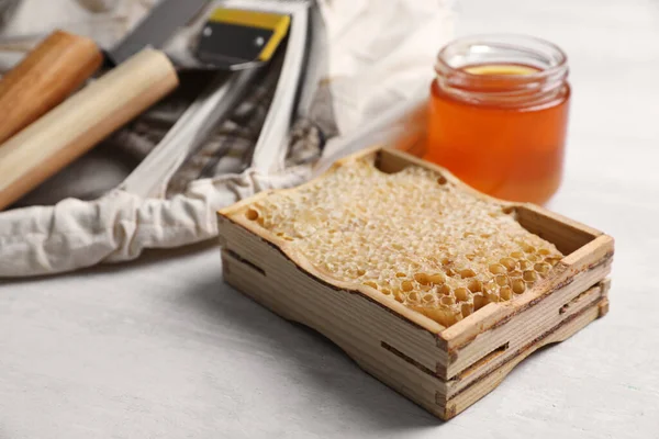 Honeycomb Frame Beekeeping Tools White Table — ストック写真