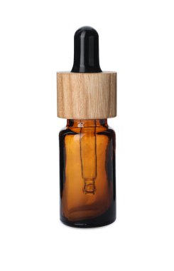 Yeni boş cam şişe ve beyaz üzerine izole edilmiş damlatıcı