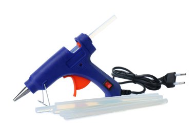 Blue glue gun and sticks on white background