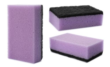 Beyaz arkaplanda temizlik süngerleri ile ayarla