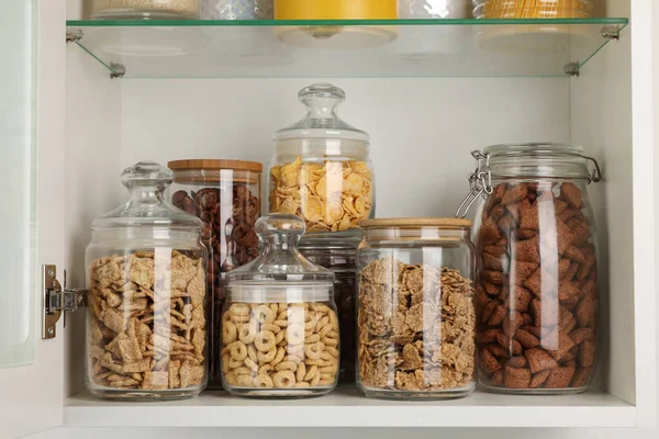 Glass Containers Different Breakfast Cereals Shelf — Fotografia de Stock