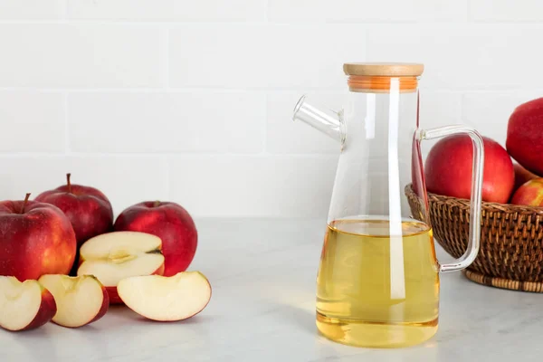 Natural Apple Vinegar Fresh Fruits White Marble Table — Stok Foto