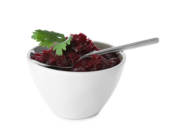 Delicious Beetroot Puree Parsley Spoon Bowl Isolated White Healthy Food — Stock Fotó