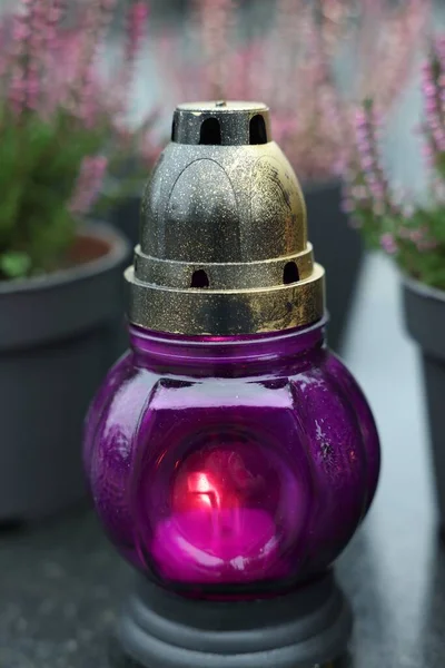 Grave Light Potted Heather Granite Surface Cemetery Closeup — Stock Photo, Image