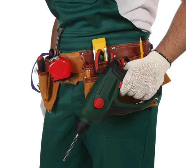 Worker Uniform Power Drill White Background Closeup —  Fotos de Stock