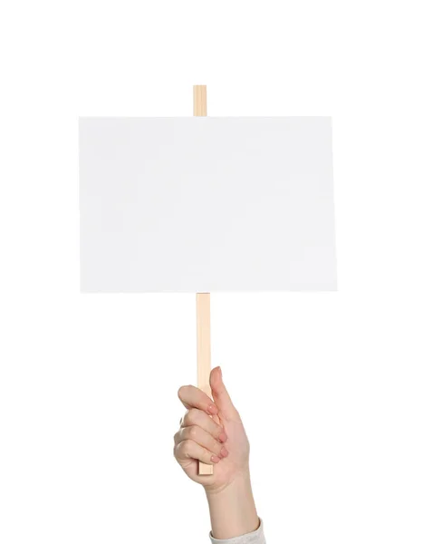 Woman Holding Blank Protest Sign White Background Closeup — Stockfoto