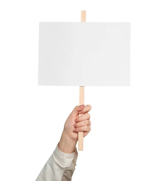 Woman Holding Blank Protest Sign White Background Closeup — Stockfoto