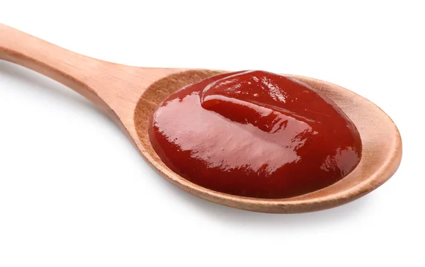 Tasty Ketchup Wooden Spoon Isolated White Closeup — Foto de Stock