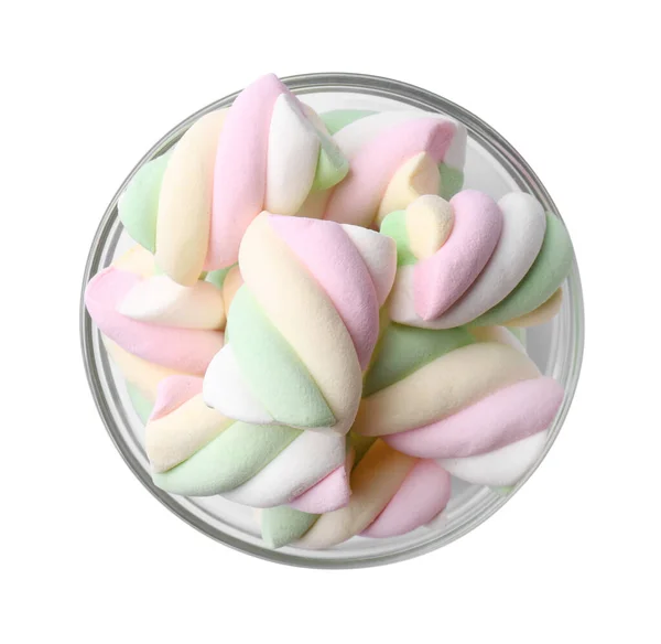 Delicious Colorful Marshmallows Glass Bowl Isolated White Top View — Photo