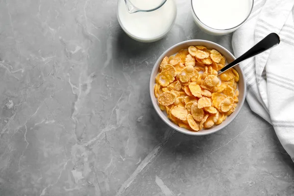Tasty Cornflakes Milk Served Grey Marble Table Flat Lay Space — Stock Photo, Image
