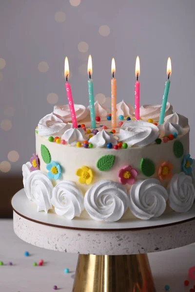 Delicious Birthday Cake Party Decor Stand Blurred Festive Lights Closeup — kuvapankkivalokuva