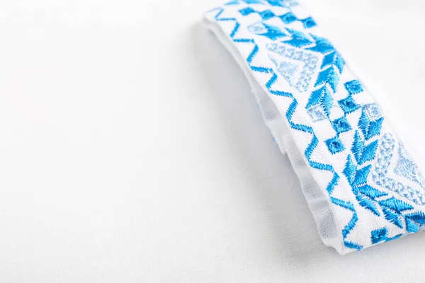 Beautiful White Shirt Light Blue Ukrainian National Embroidery Closeup Space — Stockfoto