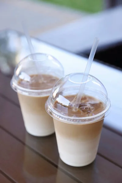 Plastic Takeaway Cups Delicious Iced Coffee Table Outdoor Cafe — Foto Stock