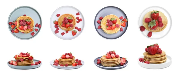 Set Pancake Lezat Dengan Buah Beri Segar Dan Madu Latar — Stok Foto