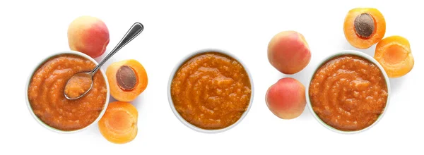 Set Tasty Apricot Puree White Background Top View Banner Design — Fotografia de Stock