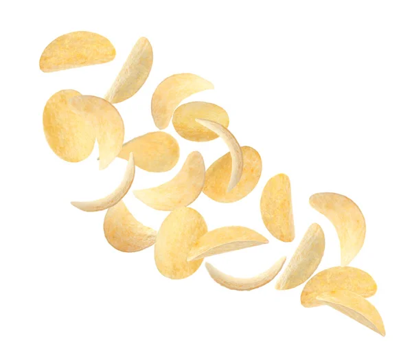 Fried Crispy Potato Chips Flying White Background —  Fotos de Stock