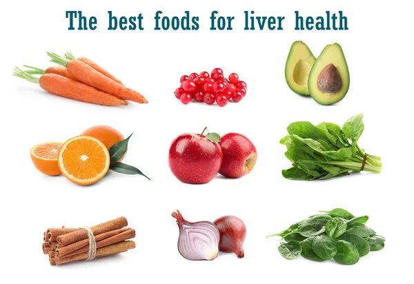 List Best Foods Liver Health Collage Different Tasty Fresh Products — Φωτογραφία Αρχείου