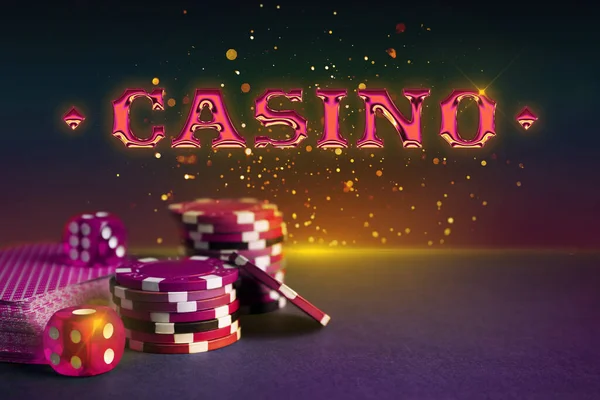 Word Casino Poker Chips Cards Dice Color Background Bokeh Effect — Foto de Stock