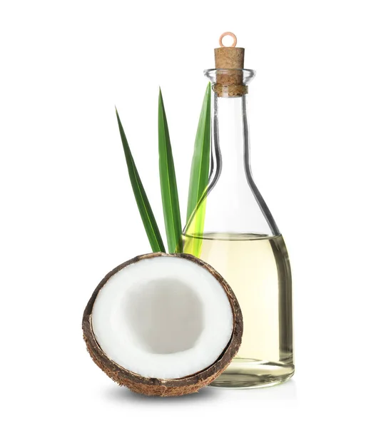 Bottle Coconut Cooking Oil Fruit White Background — Foto de Stock