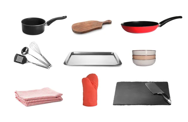Set Pans Cookware Kitchen Utensils White Background — Fotografia de Stock