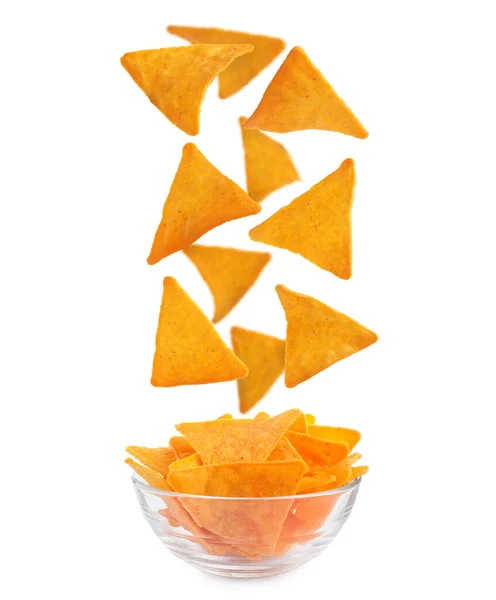 Tasty Tortilla Chips Nachos Falling Bowl White Background — Stockfoto