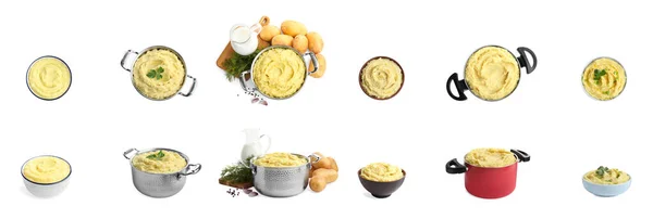Set Tasty Mashed Potatoes White Background Banner Design — Stockfoto
