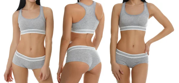 Collage Photos Woman Wearing Grey Underwear White Background Banner Design — Stok fotoğraf