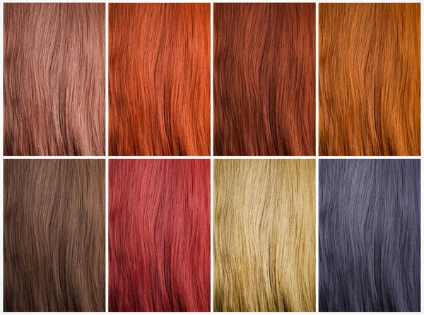 Koláž Pestrobarevnými Vzorky Vlasů Paleta Barev — Stock fotografie