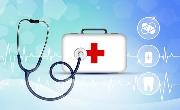 First Aid Kit Stethoscope Different Icons Light Blue Background Illustration — 图库照片