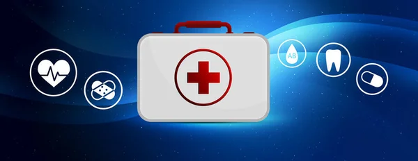 First Aid Kit Different Icons Blue Background Illustration Banner Design — Zdjęcie stockowe