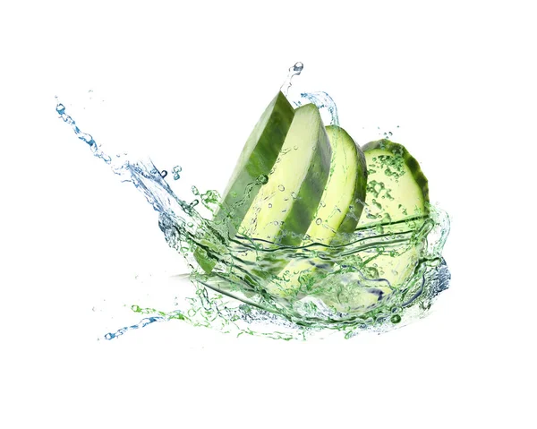 Slices Fresh Cucumber Splashing Water White Background — Stock Fotó