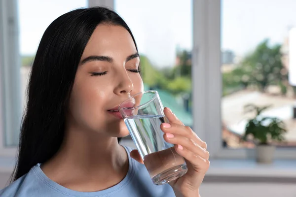 Young Woman Drinking Water Indoors Refreshing Drink — Foto de Stock