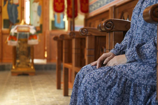 Mature Woman Sitting Wooden Bench Church Closeup Space Text —  Fotos de Stock